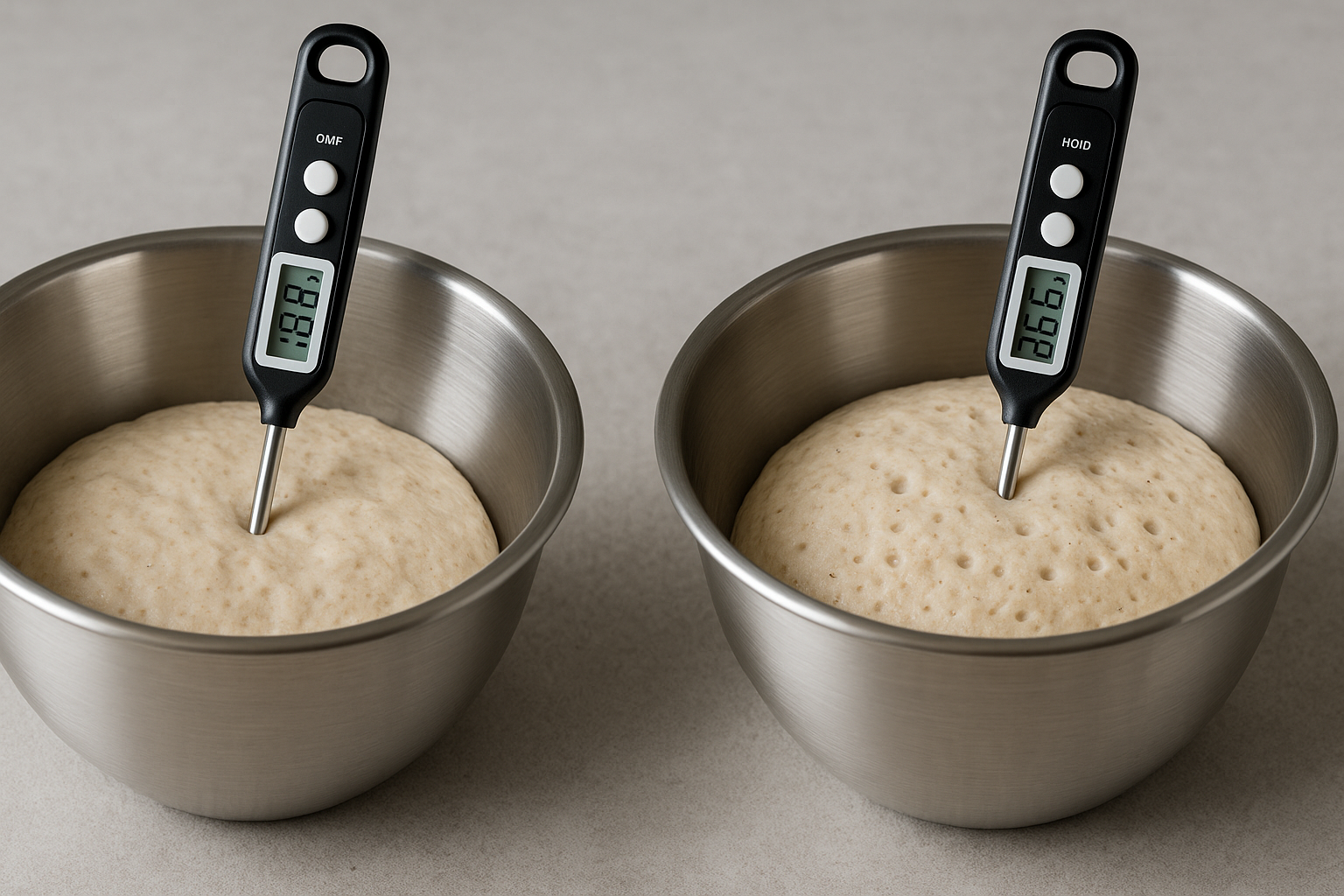 Cool and warm dough comparison with thermometers at 18°C and 26°C