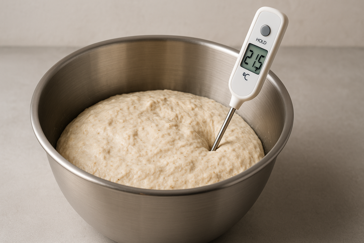 Dough in stainless steel bowl with thermometer at 21.5°C