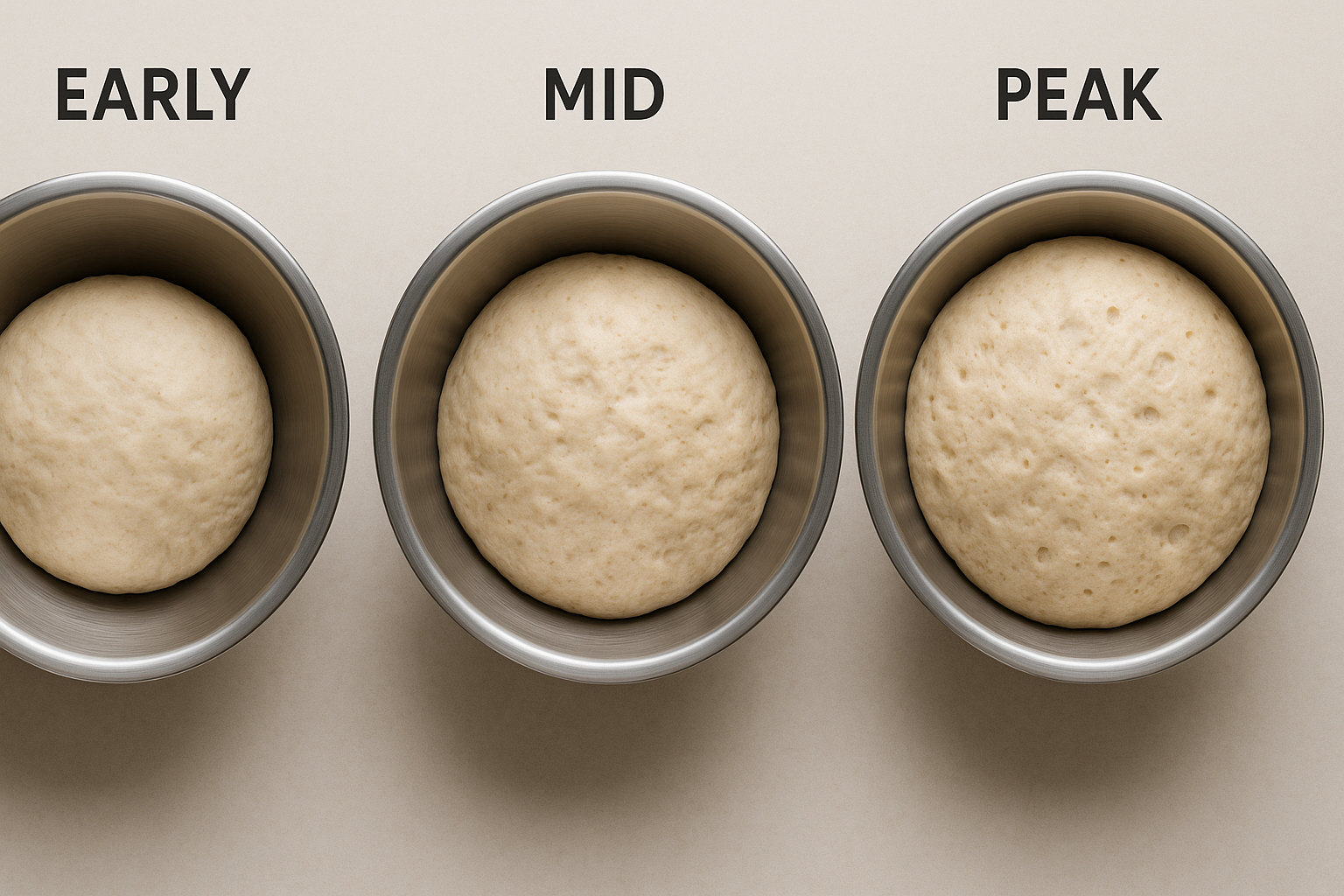 Three dough stages in bowls: early, mid, peak fermentation