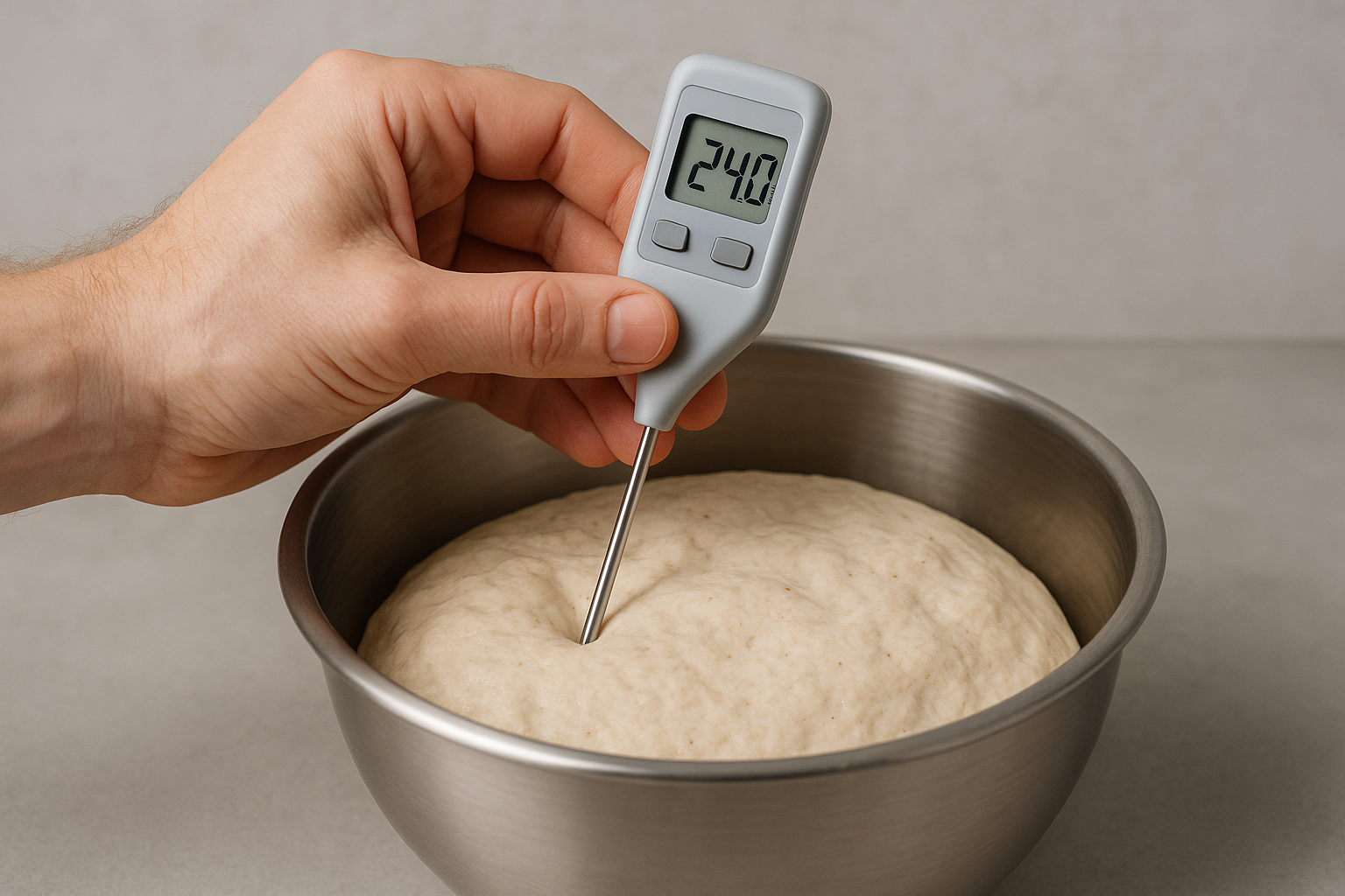 Hand measuring internal dough temperature with thermometer at 24°C