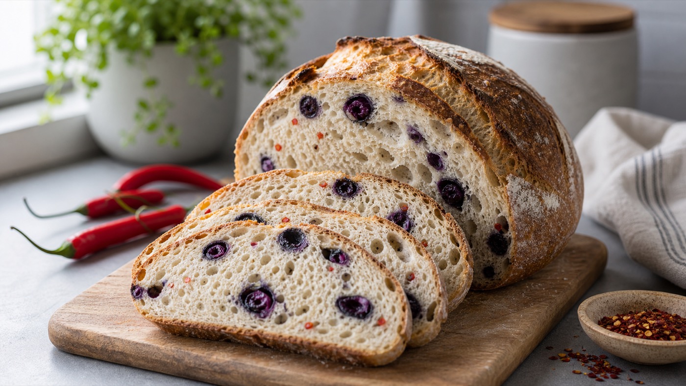 Sliced blueberry and chilli sourdough loaf with red chillies