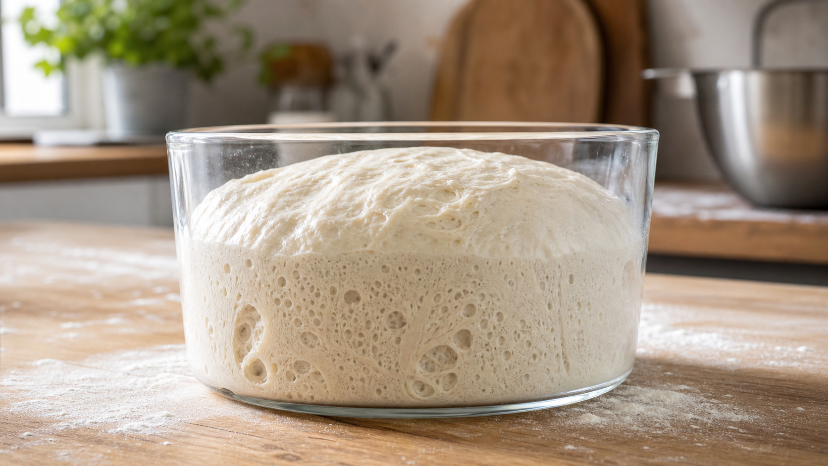 Sourdough dough at peak bulk fermentation in a clear container