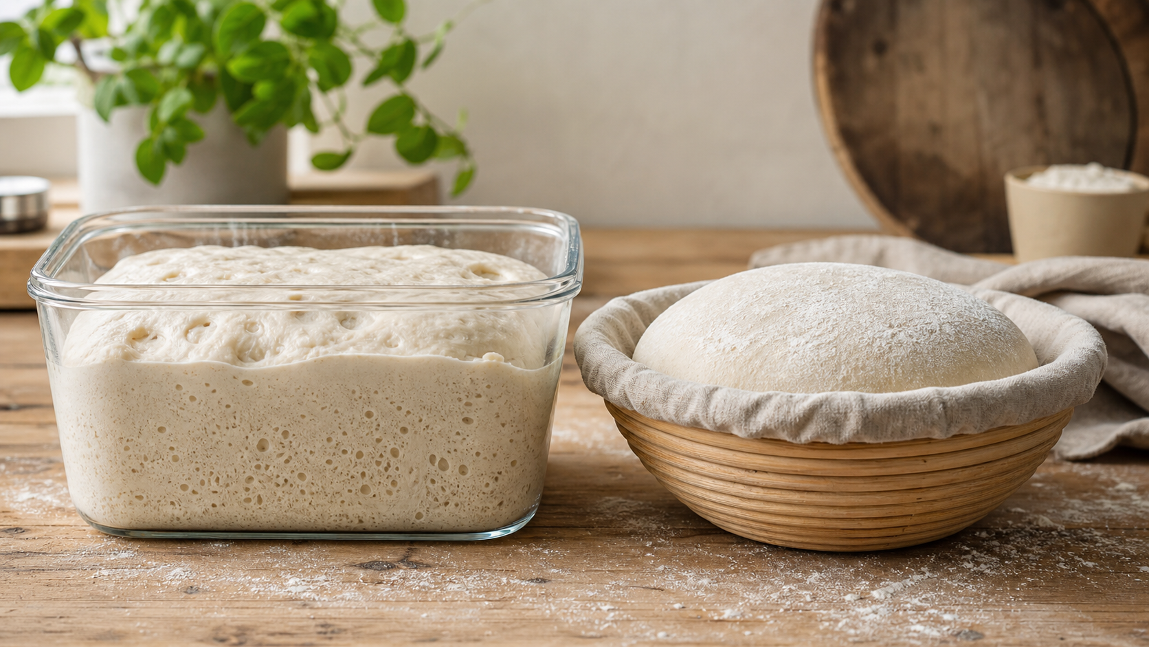 Bulk fermentation container beside a shaped loaf in a banneton