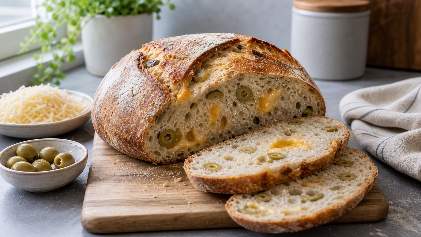 Sliced cheese and olive sourdough loaf with melted cheese pockets