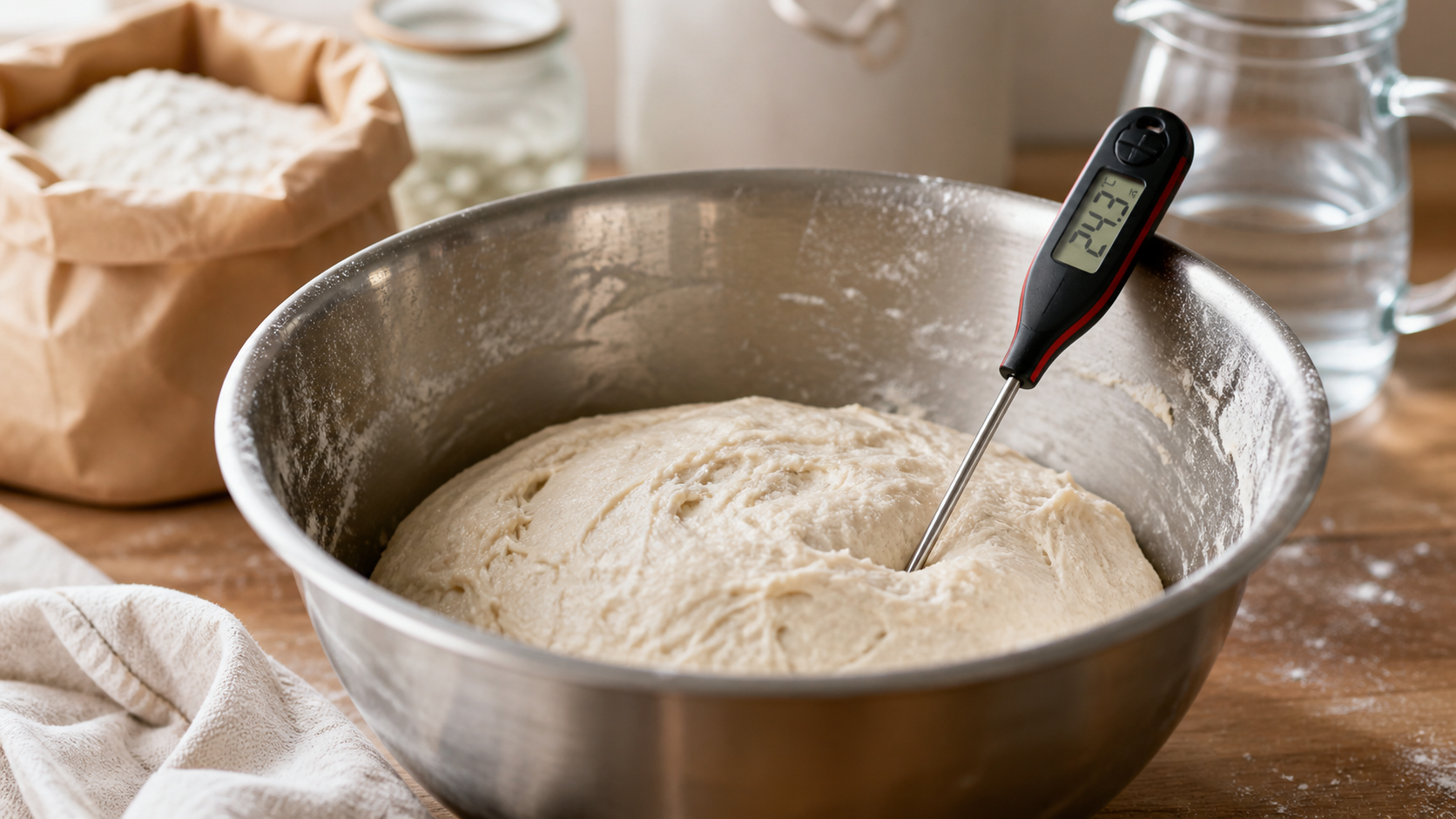 Instant-read thermometer measuring sourdough dough temperature