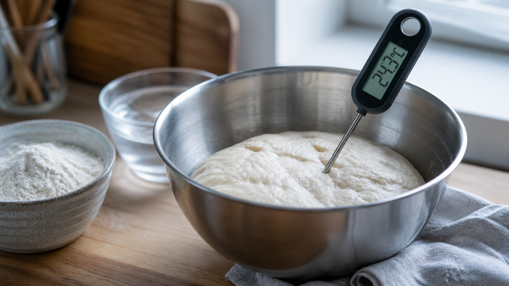 Sourdough dough with thermometer for temperature tracking