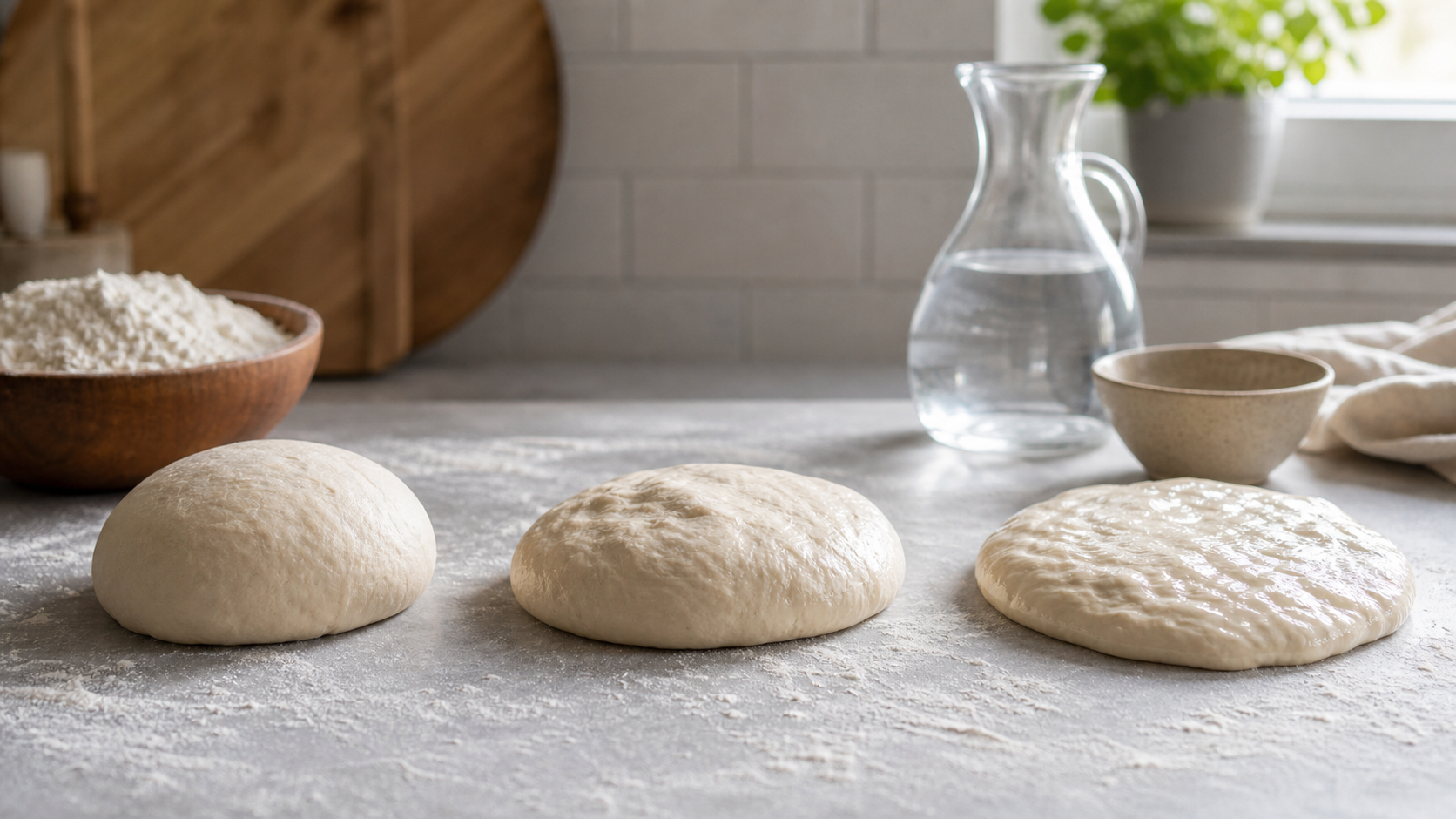 Sourdough dough samples showing different hydration levels