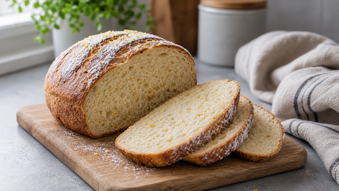 Sliced lemon sourdough loaf dusted with icing sugar