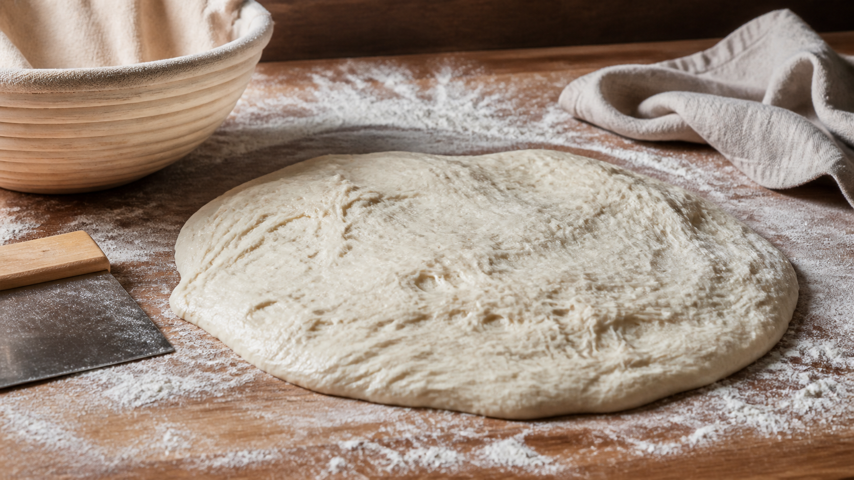 Slack overproofed sourdough dough spreading on a floured bench
