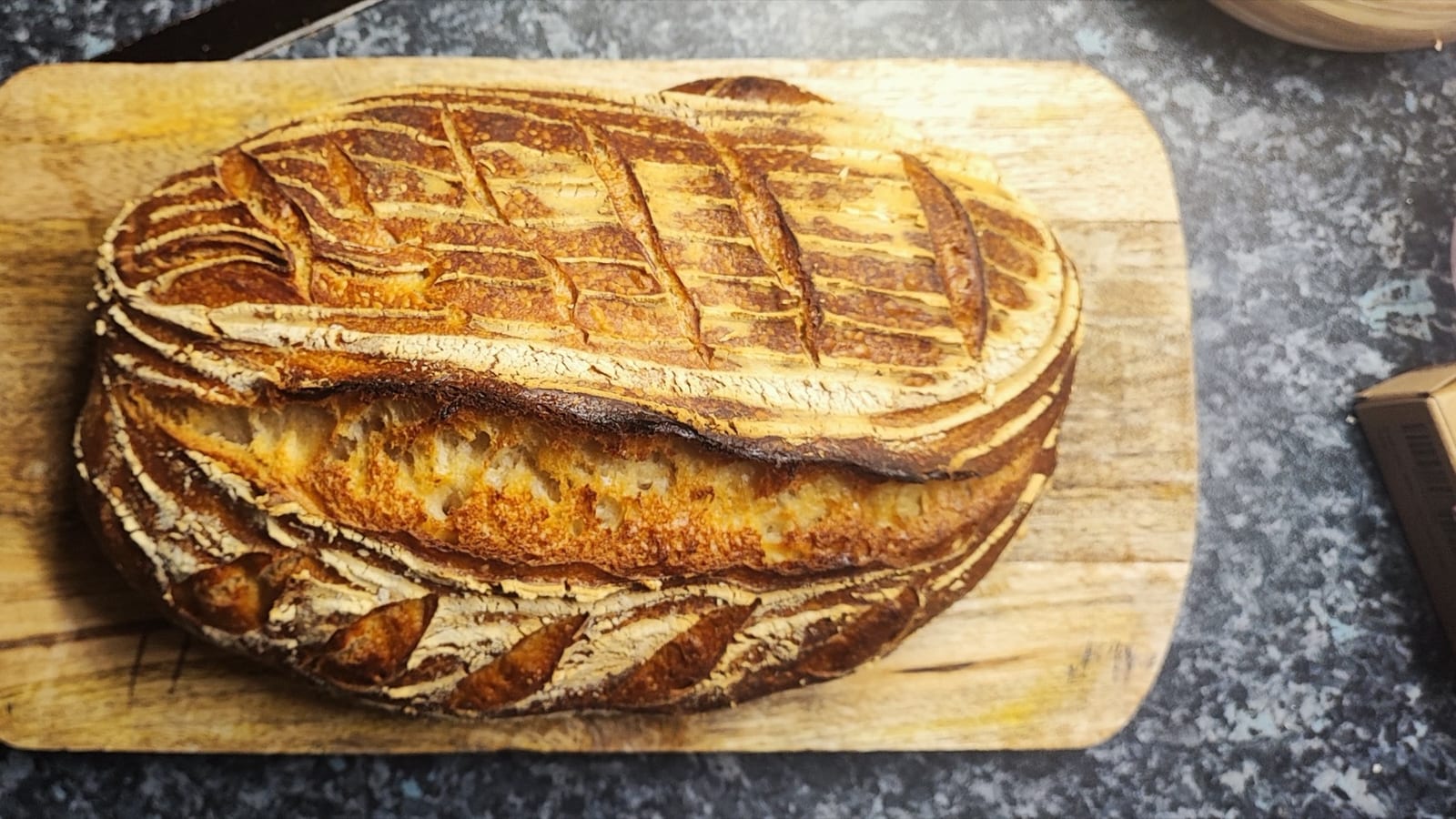 Finished sourdough loaf after a slower cool-weather fermentation