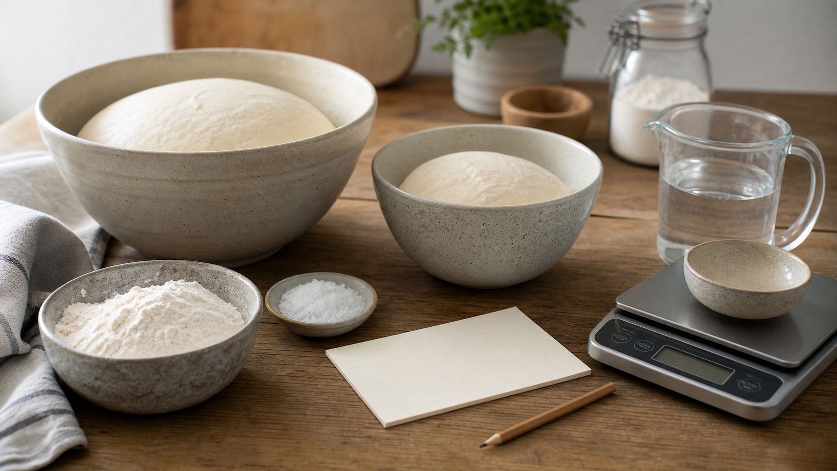 Sourdough dough and ingredients ready for recipe scaling
