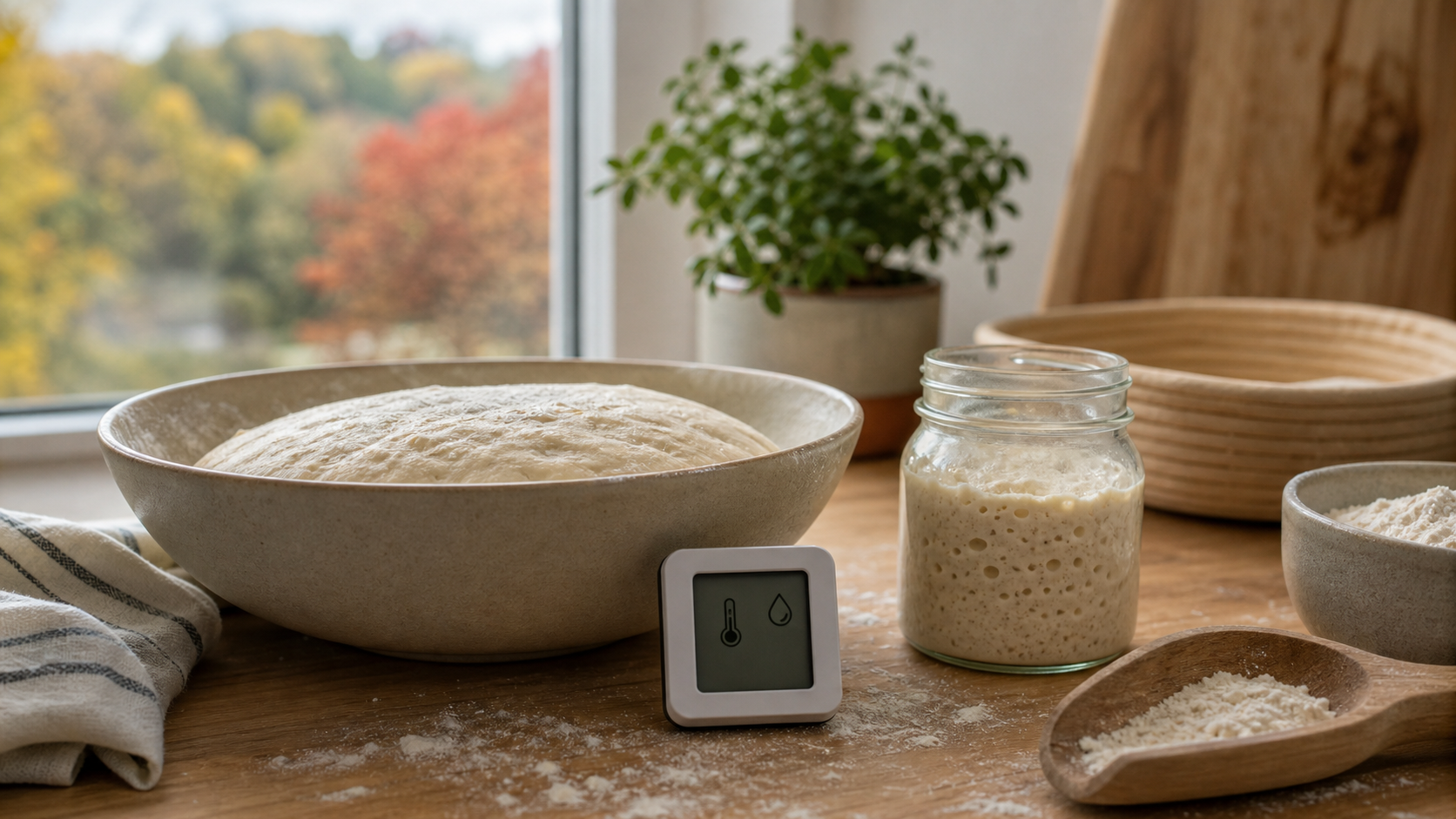 Sourdough dough temperature being checked in a kitchen