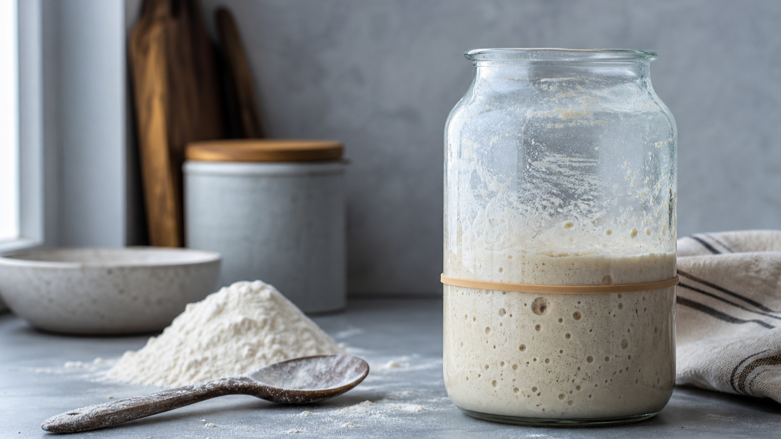 Sluggish sourdough starter in a jar ready for a rescue feeding