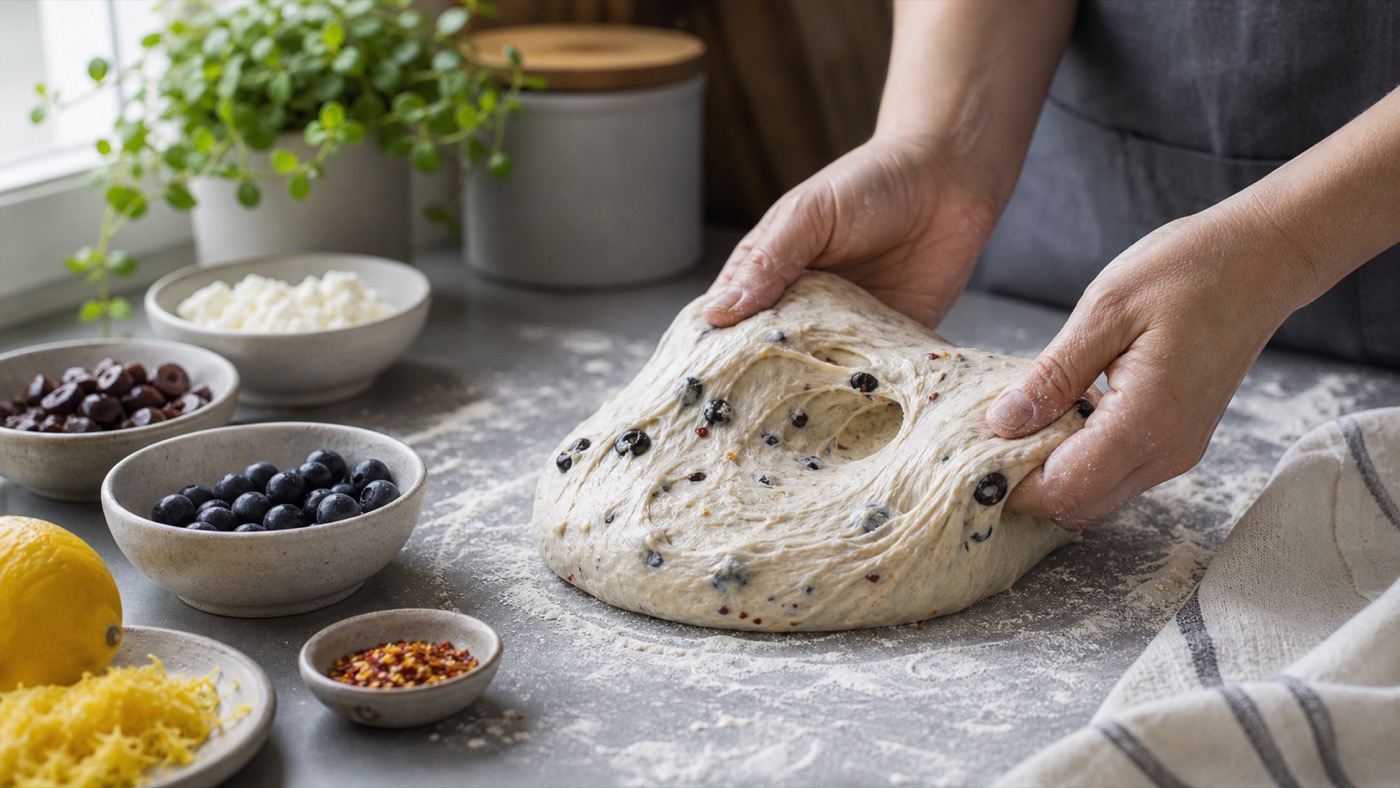 Hands folding sourdough with bowls of inclusions nearby