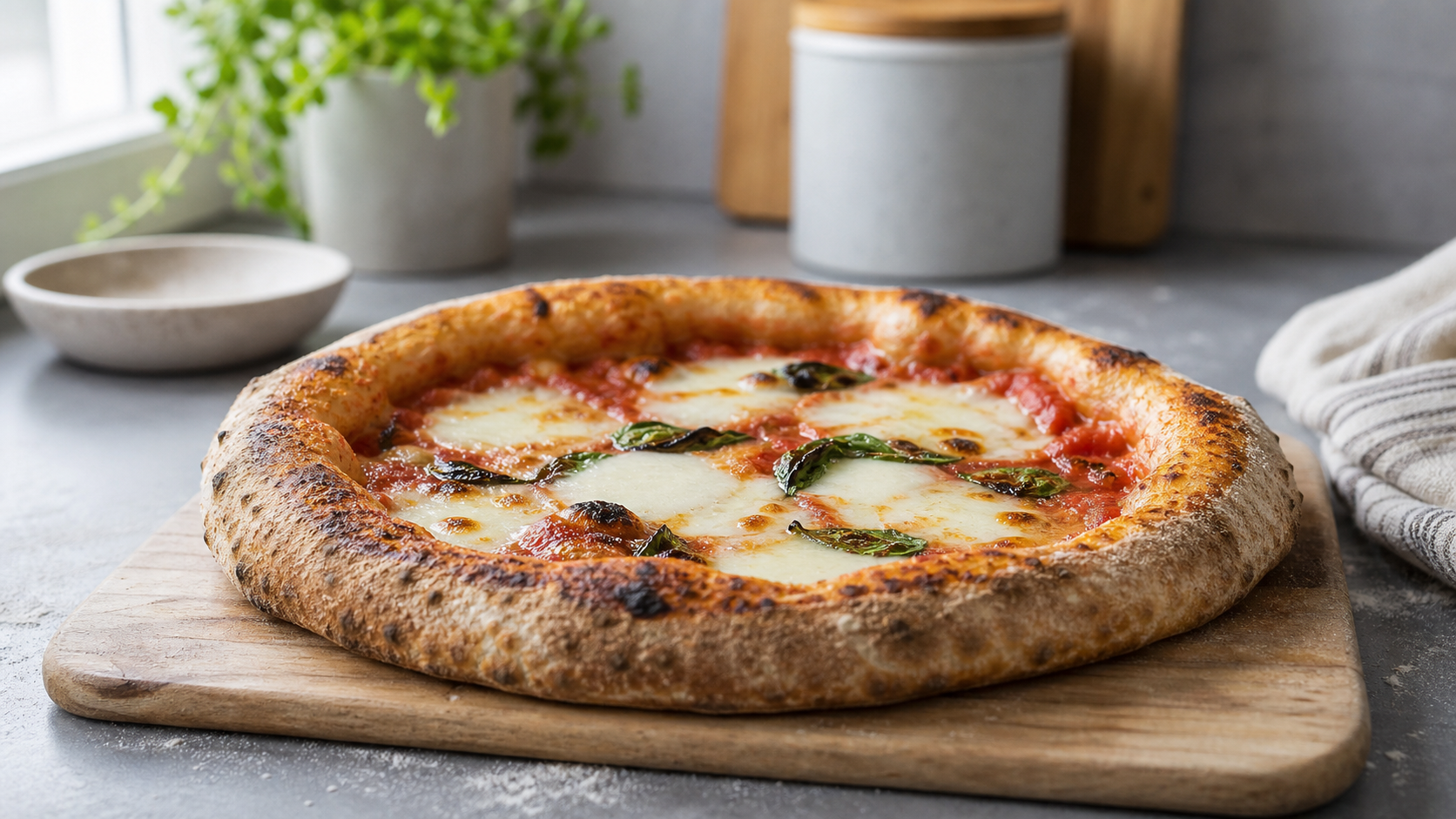 Homemade sourdough pizza with blistered crust