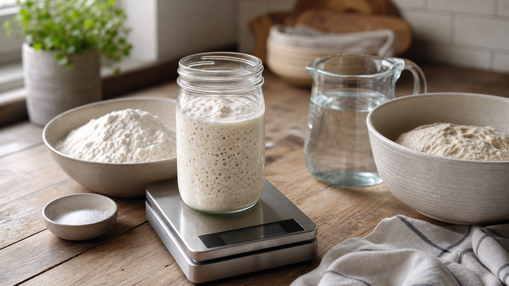 Sourdough starter beside flour and water