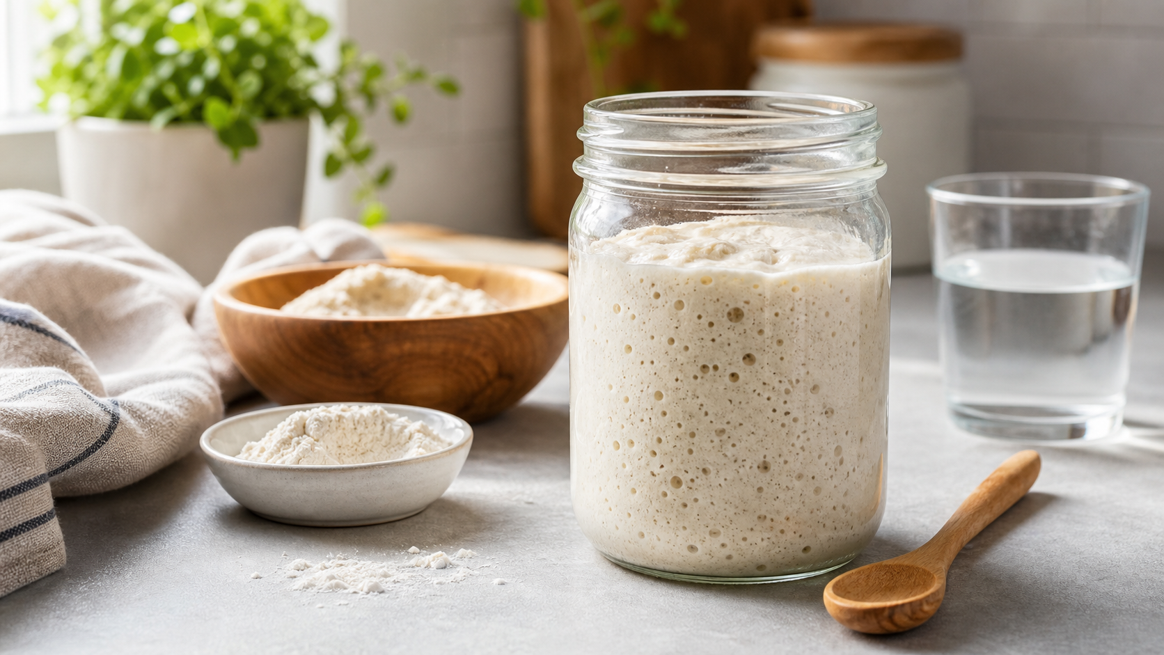 Bubbly white flour sourdough starter in a glass jar