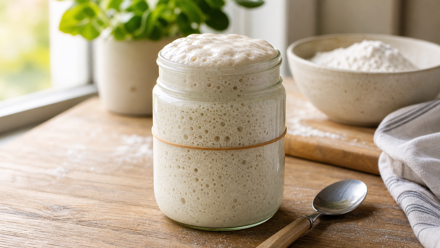 Active bubbly sourdough starter in a glass jar