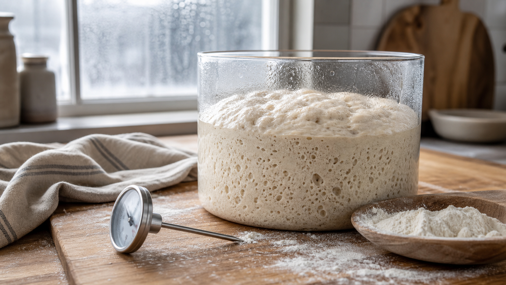 Sourdough dough with thermometer in a cool kitchen
